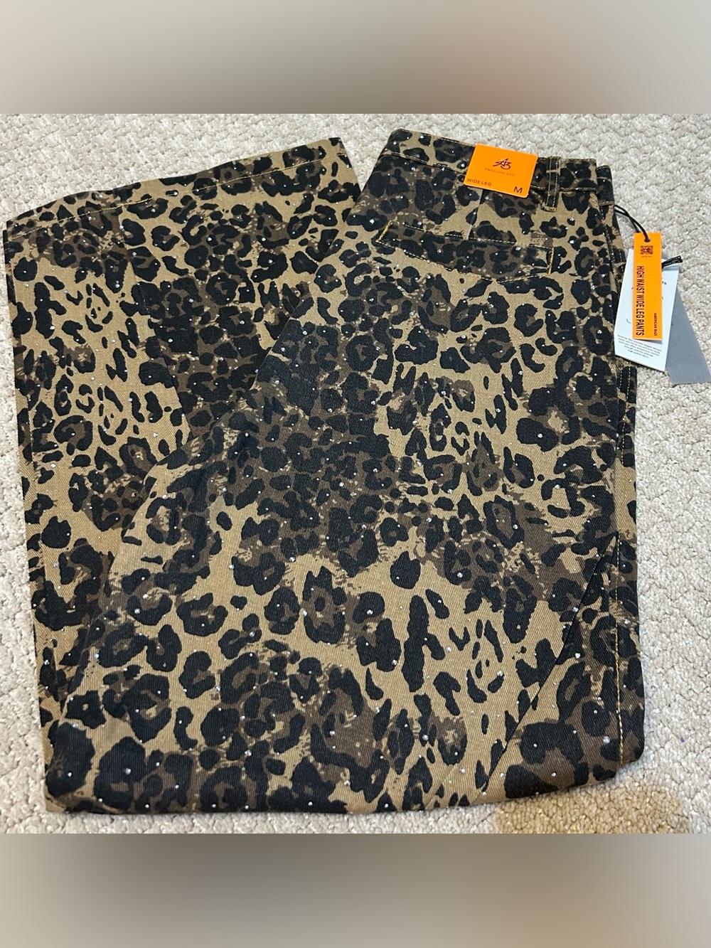 American Bazi High Waist Wide Leg Leopard Rhinestone M NWT